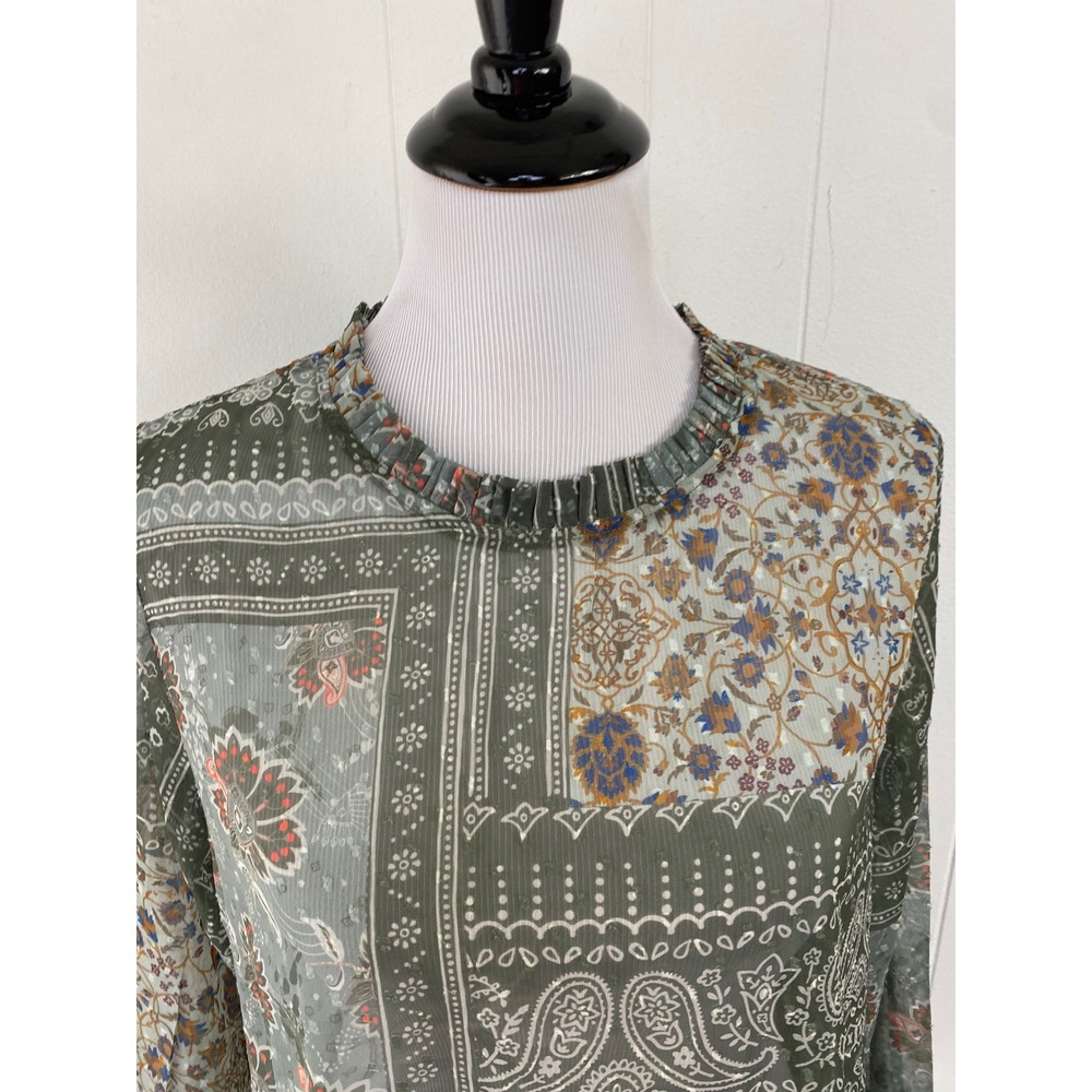 World‎ Market Green Patchwork Paisley Floral Sheer Blouse Long Sleeve Top Sz S/M - Picture 3 of 10